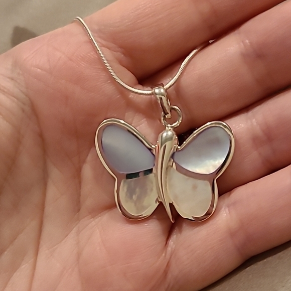 Girl Smiles Jewelry - Mother of pearl butterfly sterling silver necklace